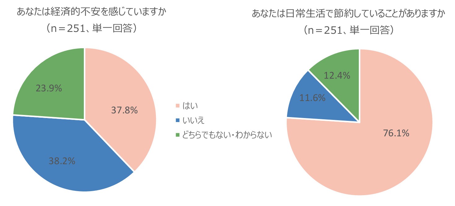 左の円グラフ：あなたは経済的不安を感じていますか（n＝251、単一回答）。円グラフの結果は、「はい」37.8％、「いいえ」38.2％、「どちらでもない・わからない」23.9％。 右の円グラフ：あなたは日常生活で節約していることがありますか（n＝251、単一回答）。「はい」76.1％、「いいえ」11.6％、「どちらでもない・わからない」12.4％。